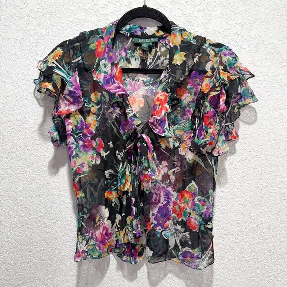 Lauren Ralph Lauren 100% Silk Women Medium Blouse Ruffle Floral Sheer Fairycore - Picture 1 of 8